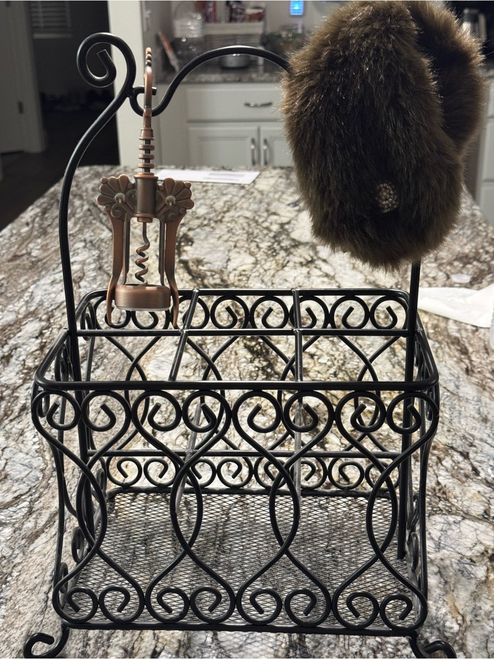 Black Scrollwork Iron Counter Caddy with Copper-Tone Corkscrew